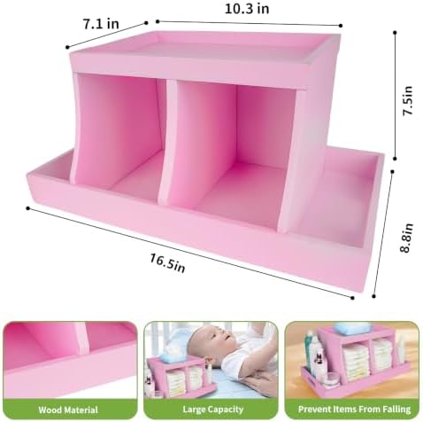 Diaper Caddy Organizer, Changing Table Organizer, Wooden Diaper Organizer for Nursery, Baby Diaper Storage Organizer with Removable Dividers (Pink, Rectangular Size) - Image 3
