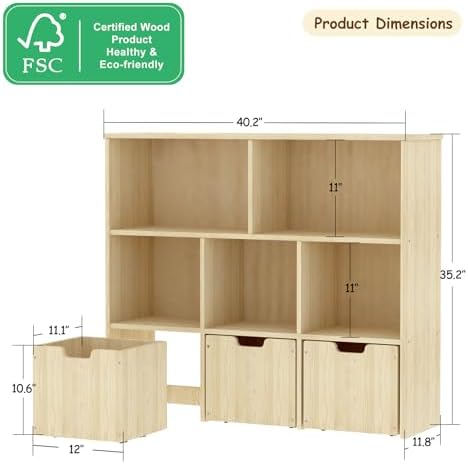 EXPERLAM Solid Pine Wood Toy Storage Organizer, Kids Bookshelf and Toy Organizer with 3 Rolling Drawers, 5 Storage Cubes, Montessori Playroom Storage Cabinet, Burlywood - Image 2