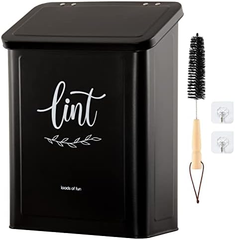 Perfnique Magnetic Lint Bin for Laundry Room with Lint Brush, Wall Mounted Lint Holder Trash can with lid for Dryer, Modern Farmhouse Rustic Metal Laundry Room Storage Organization and Decor(Black) by PERFNIQUE