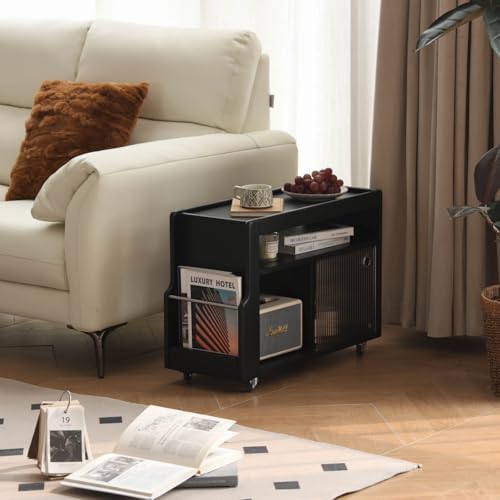 Side Table with Storage, Solid Wood Rolling End Table for Couch - Image 4