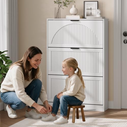 Fluted Shoe Storage Cabinet for Entryway, 3 Flip Drawers, White - Image 6