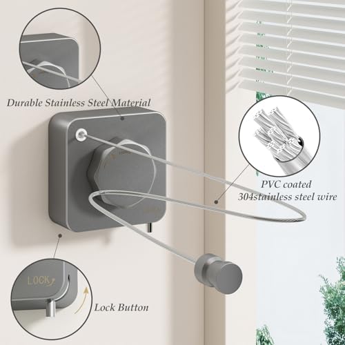 Danpoo Stainless Steel Retractable Clothesline Heavy Duty - 13.7ft Adjustable Tension Non-Drop Clothes Line, Rustproof Metal Wall Mounted Laundry Line(Gray) - Image 3