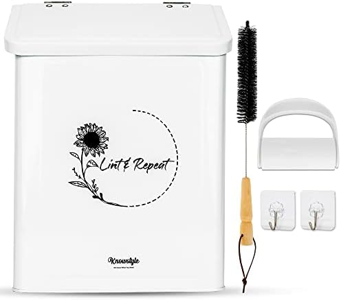 Knowstyle Metal Magnetic Lint Bin for Laundry Room Decor - Laundry Room Trash Can with Dryer Lint Brush for Dryer Vent – Metal Laundry Lint Bin with Clothes Lint Roller by KNOWSTYLE