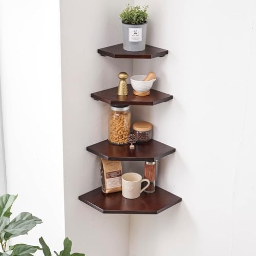 Corner Wall Shelves Set 2 Wire Hole Solid Oak Wood Display Shelf ,Walnut - Image 6