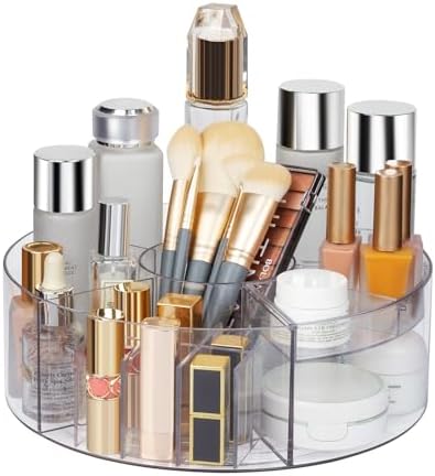 360° Rotating Makeup Organizer, 10" Clear Turntable Lazy Susan Organizer for Vanity, Bathroom Counter, Cabinet, Spinning Cosmetic Storage Holder with 6 Dividers for Skincare, Makeup Brushes, Lipsticks by Dezzer