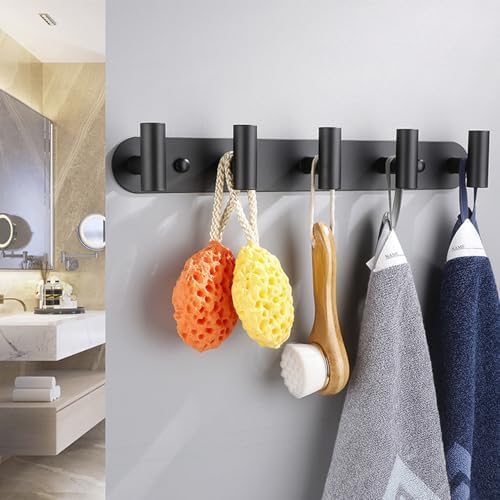 Coat Hook Rack, Wall Mounted Coat Rack with 5 Hooks, Heavy Duty Towel Hooks Rack Wall Hooks for Hanging Clothes Jacket, Stainless Steel Coat Hanger for Bathroom Entryway Mudroom(Matte Black) - Image 2