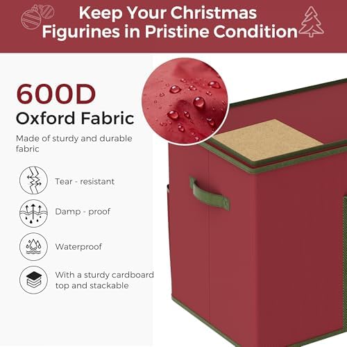 Christmas Figurine Storage Box for 15-Inch Figurines and Nutcrackers, Holiday Decor Organizer with Adjustable Dividers, 8 Slots and 2 Pockets, Dual Zippers, 600D Oxford, 24.8"x12.2"x15.2" ,Red - Image 4