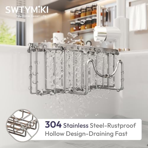 SWTYMIKI Sponge Holder for Kitchen Sink - Movable Kitchen Sink Caddy with M Shape Hook Stainless Steel Hanging Sponges Caddy Organizer in Double Bowl Sinks Depth>3.15in, Middle divider<1.5in, Silver L - Image 4