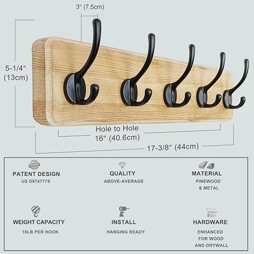 Dseap Coat Rack Wall: Patented, Heavy-Duty, 5-Double-Hooks Wooden Wall Mounted Coat Rack Coat Hanger Hook Rail for Winter Coats Hat Jacket Clothing, Light Brown - Image 5