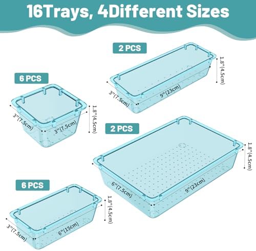 WOWBOX 16 PCS Plastic Drawer Organizer Set, 4 Sizes Desk Drawer Organization and Storage Containers for Makeup, Cosmetics, Jewelry and Gadgets in Kitchen, Bathroom, Bedroom, Office, Clear Sea Blue - Image 3