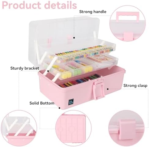 WEWLINE Hair Accessories Organizer 13-Inch Art Supply Bin Sewing Box 3-Layers Craft Storage Organizer with Handle Pink Tool Tackle Box Storage Great Gift for Kids - Image 2