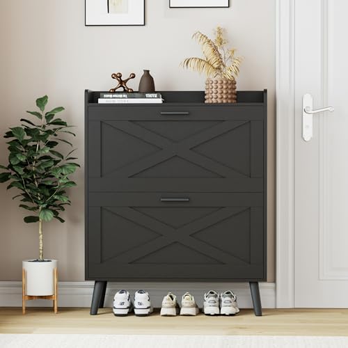 Homleke Farmhouse Shoe Storage Cabinet with Flip Drawers & Barn Door Design by Homleke