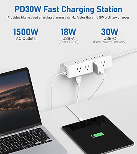 30W Under Desk Power Strip with Switch 12 Outlet 4 USB 1200J 6FT White - Image 3