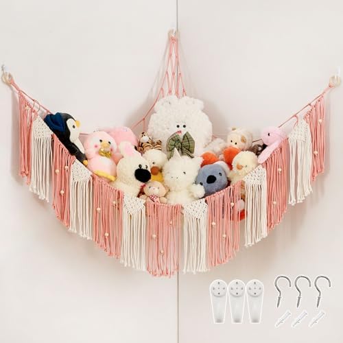 Pretty Jolly Stuffed Animal Hammock with Weaving Tassels and Beads Leather Pink by PrettyJolly