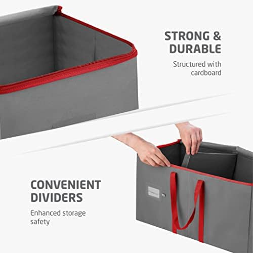 ZOBER Large Christmas Ornament Storage Box - Stores 128 3" Ornaments, With Dividers - Ornament Organizer Storage Box, Durable Christmas Containers Holder - Extra Pockets, Dual Zipper - Gray - Image 5