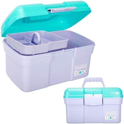 TERGOO 11in Mutipurpose Storage Box Organizer with Removable Tray, Portable Small Craft Organizer with Handle, Plastic Clear Tool Box Art Case for Makeup, Sewing, Nail, Hair Accessories (Purple Blue) by Focusonefficientstorage