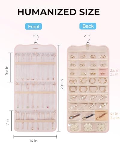 BAGSMART Hanging Jewelry Organizer Storage with Hanger Metal Hooks Double-Sided Jewelry Holder for Earrings, Necklaces, Rings on Closet, Wall, Door, 1 piece Large Pink - Image 6