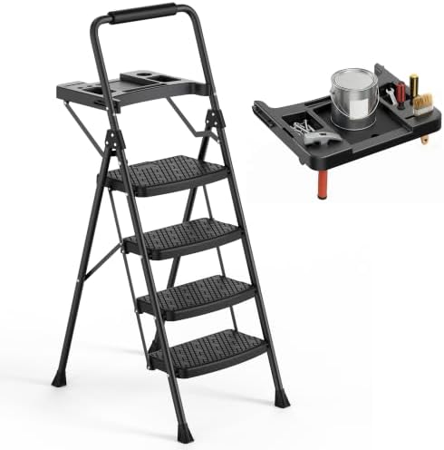 4 Step Ladder, Anautin Folding Step Stool with Tool Tray, Wide Anti-Slip Pedals, Heavy Duty Steel Step Ladder with Handrails, Portable Foldable Ladder for Kitchen Closet Garage Home 600lbs Capacity by Anautin