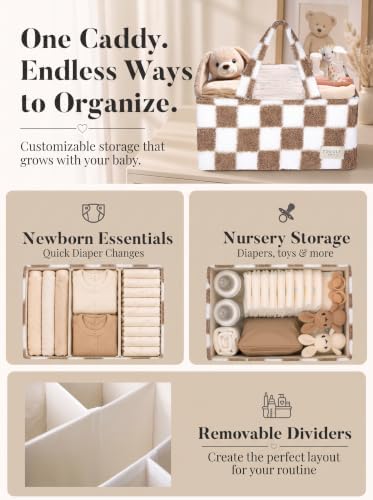 Baby Diaper Caddy Organizer with Waterproof Changing Pad, Checkered Taupe - Image 3
