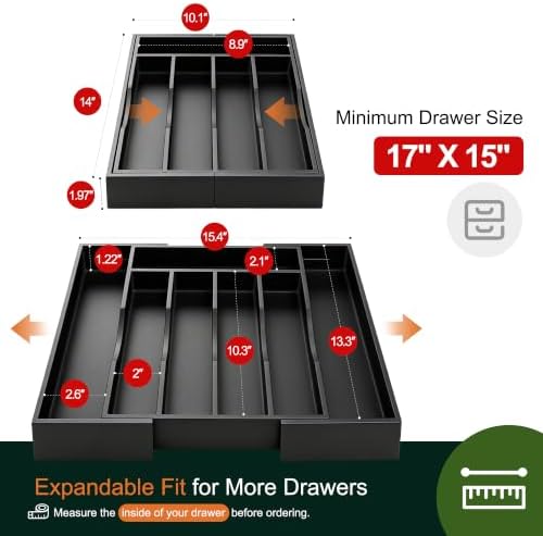 2-Piece Expandable Bamboo Kitchen Drawer Organizer for Cutlery and Utensils, Adjustable Bamboo Wood Cutlery Tray in Drawer for Flatware and Silverware in Kitchen, (Black) - Image 2