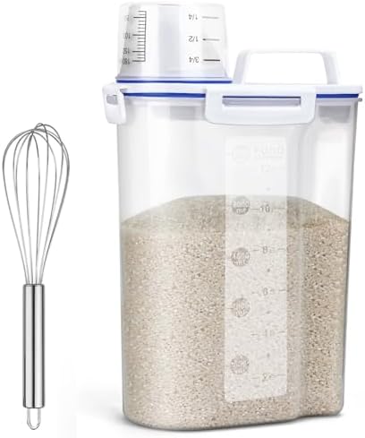Uppetly Rice Airtight Dry Food Storage Containers, BPA Free Plastic Sealed Holder Bin Dispenser with Pouring Spout, Measuring Cup for Cereal, Flour and Oatmeal, Include a Stainless Steel Whisk by Uppetly