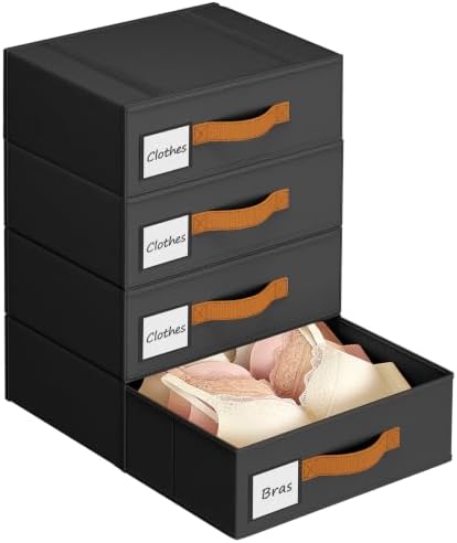 DIMJ Underwear Drawer Organizer, Stackable Bra Organizer for Closet 4 Pack, Bra Storage With Fabric Storage Drawers, Collapsible Closet Organizers for Clothes, Socks, Bra, Scarf, Baby Clothes, Black by DiMJ