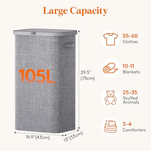 Lifewit 105L Large Laundry Hamper with Lid, Removable Inner Bag, Light Gray - Image 3