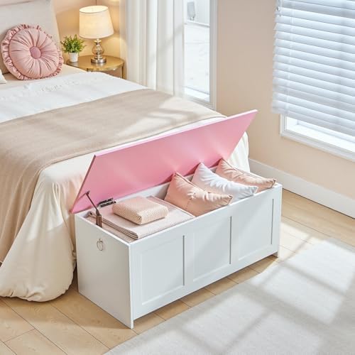 HOOBRO Storage Bench, 39.3" Retro Wooden Storage Chest, Wooden Storage Trunk, Toy Chest with Lift Top, Multifunctional Entryway Organizer, for Entryway, Living Room, White and Pink WK141CW01G1 - Image 2