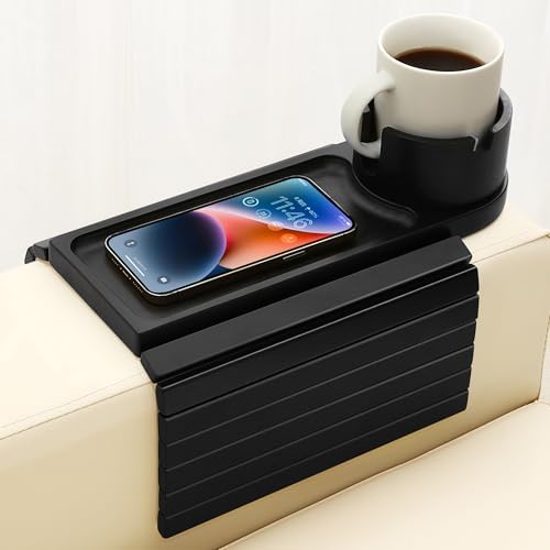 Couch Armrest Table with Cup Holder,,Fit Arms 5"and Wider,BlacK by BAMTRAY