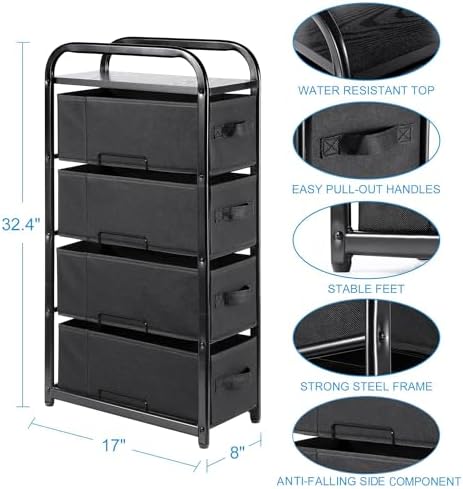 MAX Houser 4 Drawer Narrow Dresser Fabric Storage Tower Vertical Slim Storage Chest Organizer Nightstand Side/End Table Small Standing Organizer Removable Drawers Wood Top for Bedroom, Bathroom（Black - Image 3