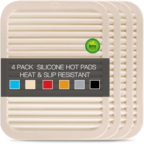 QPIX DIGITAL 4 Pack Beige Silicone Trivets For Hot Dishes, Large And Heat Resistant Silicone Pot Holder Hot Pads For Kitchen, 9x12 Trivet Mat For Hot Pots And Pans, Jar Opener, Drying Mat by QPIXDIGITAL