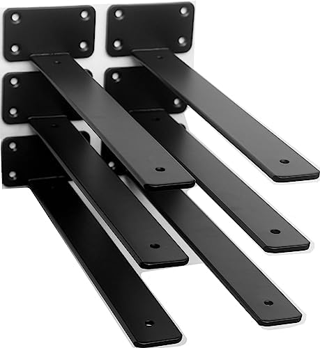 6 Pack - 12 inch Black Hidden L Shelf Bracket (1/5 Inch Thicked) Iron Floating Shelf Brackets Rustic Industrial Metal Brackets for Shelf Support by MHMYDZ