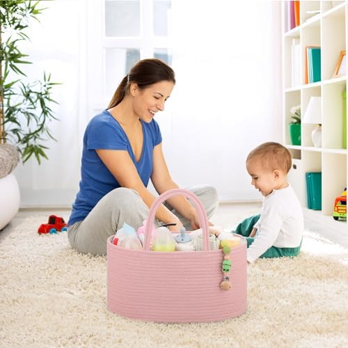 COMSE Baby Diaper Caddy Organizer for Girls, Cotton Rope, Dusty Pink - Image 3