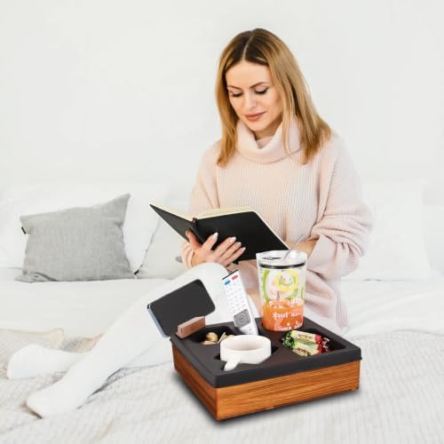 Couch Cup Holder Tray, Silicone Acacia Wooden Couch Caddy with Cup Holder for Snacks, Drinks, Remotes, Waterproof Cup Holder for Couch, Organizer, Movie Night Snack Trays - Image 3