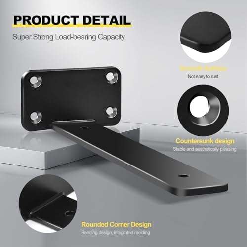 2 Pack - 10 inch Black Hidden L Shelf Bracket (1/5 Inch Thicked) Iron Floating Shelf Brackets Rustic Industrial Metal Brackets for Shelf Support - Image 3
