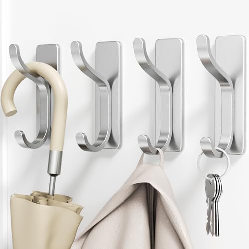 Adhesive Wall Hooks for Towel/Coat,13Lb Strong Stick-On Hooks,Silver 4 Pack - Image 5