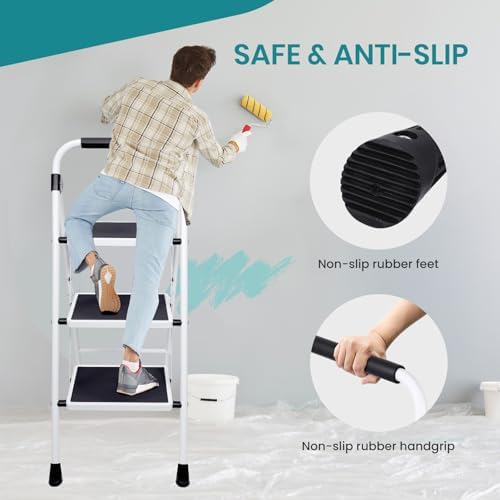 OLIXIS Step Ladder, 3 Sturdy Step Stool with Anti-Slip Pedal & Handrail - Image 3