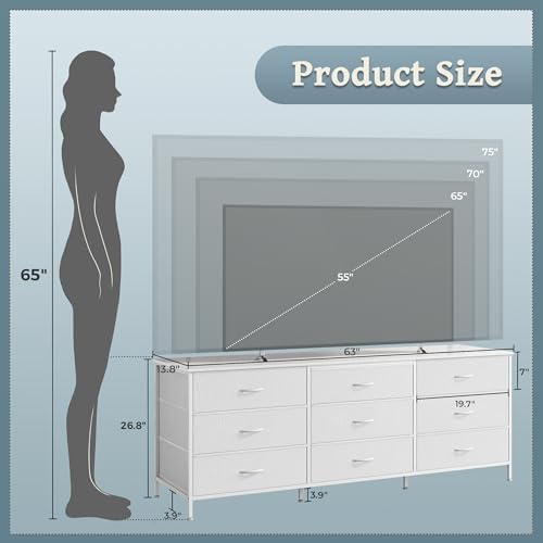 Huuger 63 Inch Dresser for Bedroom, Dresser for Closet with 9 Fabric Drawers, Large TV Stand for 55, 65, 70 Inch TV, Entertainment Center with Storage, Wide Long Chest of Drawers, White - Image 3