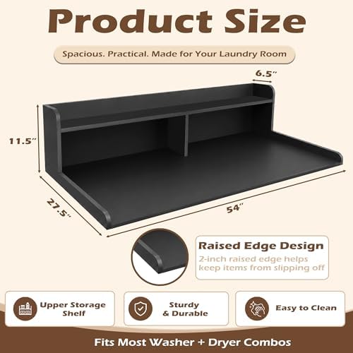 Royxen Laundry Countertop with 2-Tier Shelf Universal Fit, Washer and Dryer Countertop with Storage Space, Shelf Height 11.5 Inches, Solid Wood Core, Black - Image 2