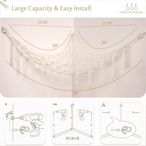 YKBU Stuffed Animals Hammock Corner Hanging Net Macrame Stuffed Animal Storage Plush Toy Holder Toy Organizer for Boho Nursery Playroom Bedroom Kids Room (cream, Large) - Image 5