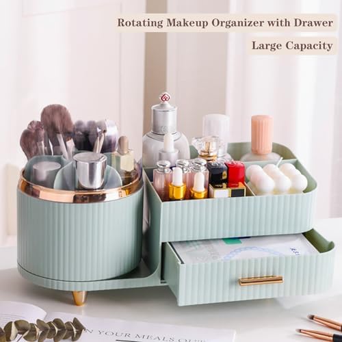 Rotating Makeup Organizer for Vanity with Brush Holder and Drawer, Cosmetic Makeup Storage, Large Spinning Makeup Skincare Organizer, Countertop Makeup Perfume Organizer, Lotions Display Case (Green) - Image 2