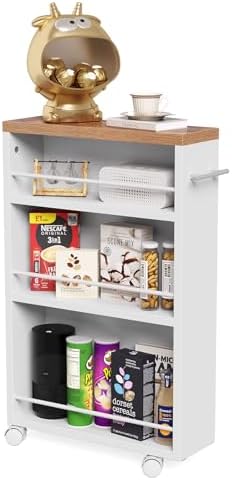 LITTLE TREE 4 Tier Rolling Cart with Wheels, 6.3 Inch Slim Storage Cart, Wooden Snack Cart with Narrow Shelf, White Laundry Room and Bathroom Organizer Shelves by LITTLETREE
