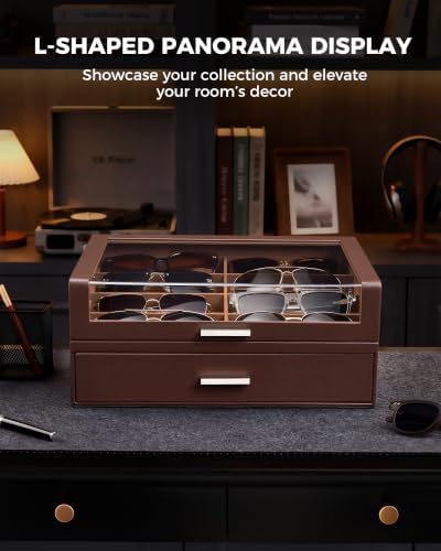ProCase 16 Slots Sunglasses Box Organizer with L-Shaped Clear Lid -Espresso - Image 2