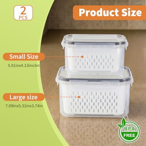 Fruit Storage Containers for Fridge, Grape Containers with Built-In Drain Basket, 2-Pack No-Leak Design, Saves Space, Durable and Easy to Clean, Easy Grab Handle, Keeps Grapes and Berries Fresh - Image 6