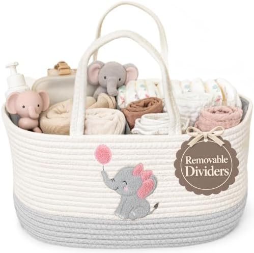 Baby Girl Diaper Caddy Organizer, Pink Elephant Cotton Rope Nursery Basket by KeminaBlankets