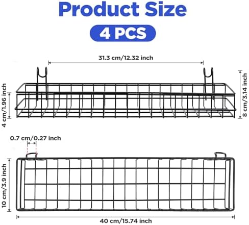 4 Pcs Black Metal Grid Wall Baskets with Hooks, Hanging Wire Storage Organizer Shelf for Kitchen Bathroom Office, 15.75 x 3.94 x 1.97 Inch - Image 2