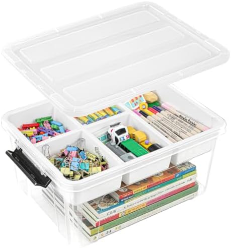 EOENVIVS Clear Storage Tote Box with Divider Inserts Tray and Locking Lid by EasyCozyHomey