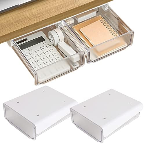 OSPNIEEK Self-adhesive Under Desk Drawer Organizer, 2 Pack Table Hidden Slide Out Large Storage Mounted Desktop Pencil Holder Tray Drawers for Office Home School Stationery Kitchen (White) by OSPNIEEK