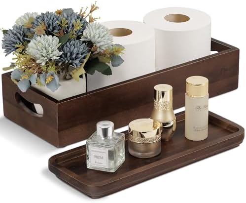 DEMIGO Toilet Tank Topper & Vanity Tray, Acacia Wood Decor Set, Dark Brown by Demigo