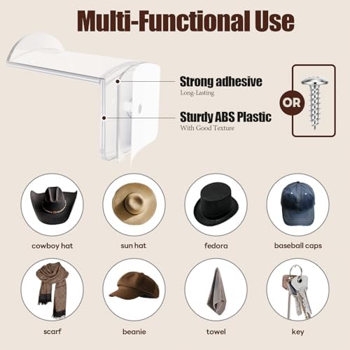 Aoodaily 2.8 Inch Hat Hooks for Wall - (8 Pack) Cowboy Hat Rack, Strong Adhesive Cap Holder, Organizer for Baseball Caps, Western Room Decor - Clear - Image 4